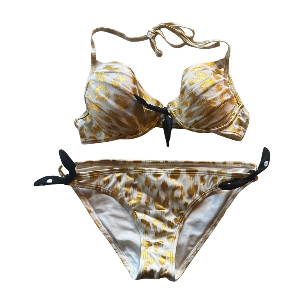 Victoria’s Secret Gold Metallic Leopard Print Push-Up Bikini Black Tie Bottoms